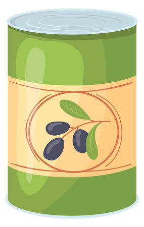 Olives in metallic can. Cooking product. Cartoon food packのイラスト素材