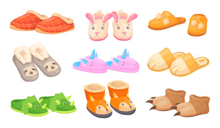 Kid slippers. Child fun home slipper, soft bedroom shoe house childish pajama party, funny fluffy animal on footwear for house bathroom accessory, cartoon neat vector illustrationのイラスト素材