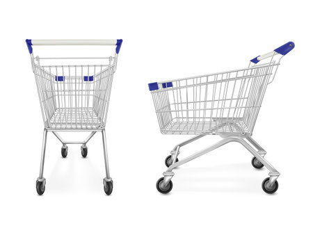 Realistic supermarket trolley. 3d empty pushcart supermarket retail, shopper trolly cart render shopping metal steel basket for grocery product consumer tidy vector illustrationのイラスト素材