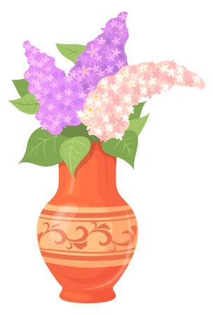 Lilac bouquet in ceramic vase. Beautiful home decorationのイラスト素材