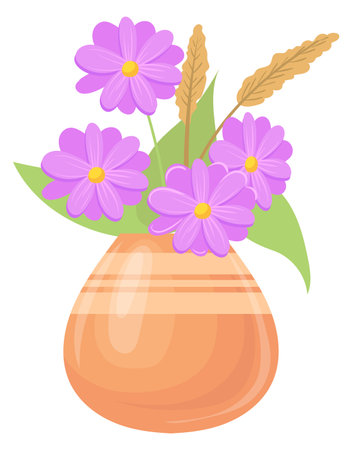 Cartoon flower vase icon. Purple blossom in ceramic jugのイラスト素材