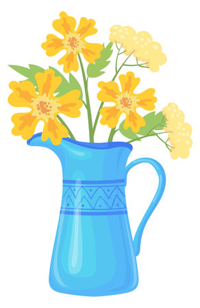 Yellow wild flowers in metal jug. Rustic bouquetのイラスト素材