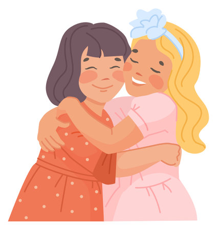 Happy girls embracing. Loving sisters. Smiling kidsのイラスト素材