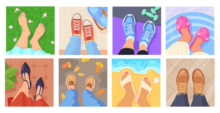 Legs selfie. Feet in sneakers top view, blogger lifestyle concept sight pair footwear on different...