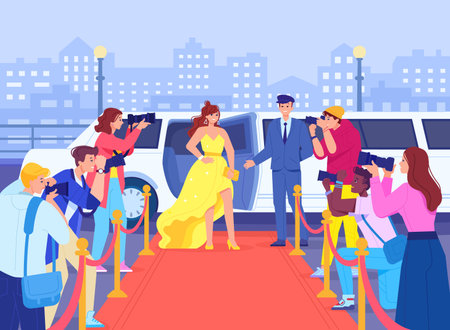 Celebrity photographer. Famous hollywood actress on red carpet in camera paparazzi, american movie star at limousine car, fashion lifestyle award event, swanky vector illustrationのイラスト素材