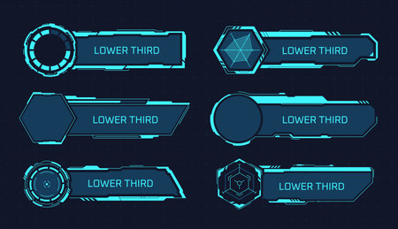 Sci fi lower third banners. Hud video screen bottom thirds banner, display callout effects news tv channel or futuristic game space, tech digital boxes garish vector illustrationのイラスト素材