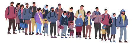 People waiting in line. Migrant queue. Refugees crowdのイラスト素材