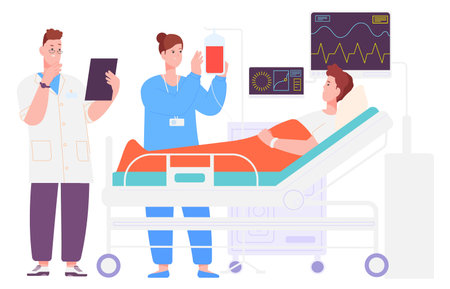 Doctor and nurse caring about patient on hospital bed. Medical treatmentのイラスト素材