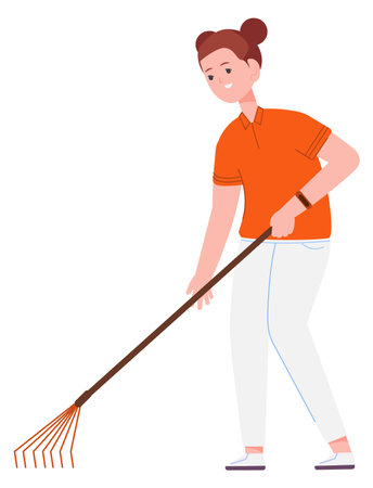 Girl with leaf rake. Gardening kid. Helping childのイラスト素材