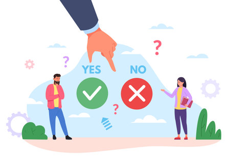 People choosing yes no button. Opportunity convince concept, hand ready click ok two person choice decision making process answer false or true correct opinion vector illustrationのイラスト素材