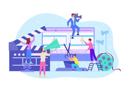 Video maker. Tv jobs multimedia production team, filming crew in making film studio, entertainment industry work visual content editor montage on television, vector illustrationのイラスト素材