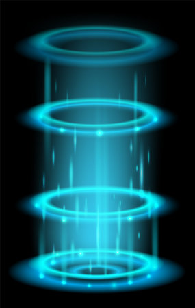 Blue laser circles. Hologram tunnel with glowing particlesのイラスト素材