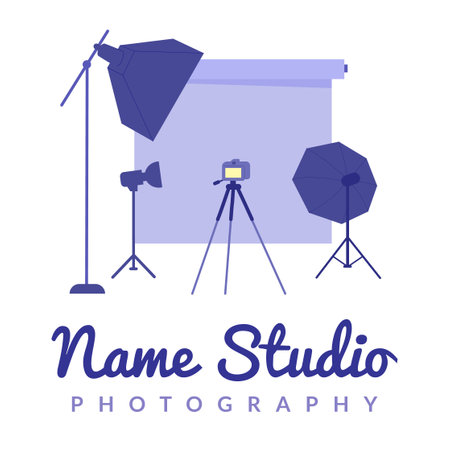 Photographer workplace emblem. Photograpghy studio logo professional camera photograph equipment modern photo session brand tripod backstage isolated silhouette vector illustrationのイラスト素材
