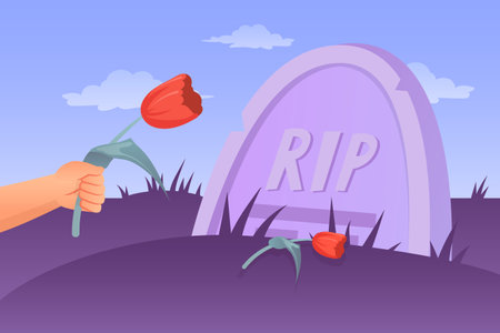 Putting flowers on grave. Burial graf funeral ceremony cemetery, sorrow orphan hand with flower at memorial tomb, mourning rip death concept, cartoon graveyard vector illustrationのイラスト素材