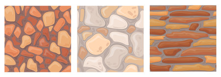 Cartoon stone tile. Game pavement wall texture, rock ground fossil floor cobblestone road seamless pattern castle landscaping background old grey cobble, neat vector illustrationのイラスト素材