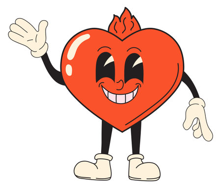 Red heart mascot with happy face in retro comic styleのイラスト素材