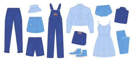 Cartoon denim clothes. Folded jeans clothing pants dresses overalls or skirt, jean fabric summer basic outfit trendy casual jeanes garment and gumshoes garish vector illustrationのイラスト素材
