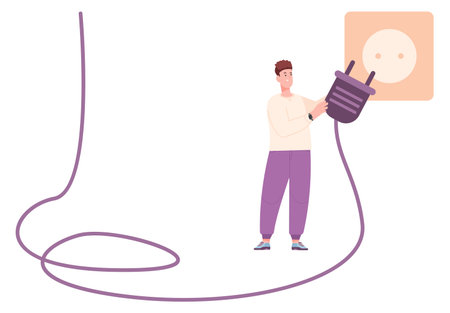 Man plugging power plug in electric socket outletのイラスト素材