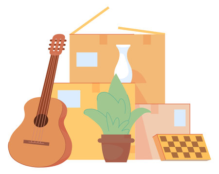 Home things packing for moving. Box pileのイラスト素材