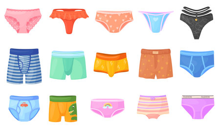 Cartoon underpants. Mens womens underwear wardrobe, colorful male panty boxer or pink panties lady thong beautiful lace lingerie boyのイラスト素材