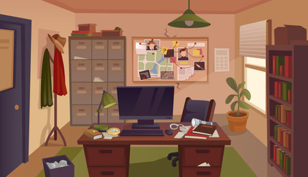 Detective office. Investigator cabinet workplace room, police board with map crime investigation wall, desk inside spying agency criminal information, ingenious vector illustrationのイラスト素材
