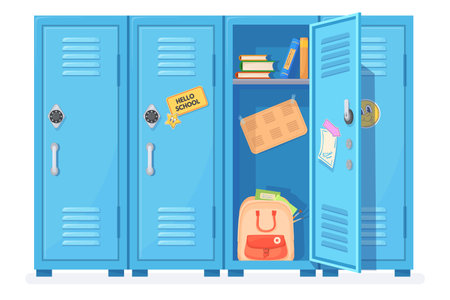Open school lockers. Opened door locker inside highschool hallway, student closets for safety storage college contents books backpack, university cabinets neat vector illustrationのイラスト素材