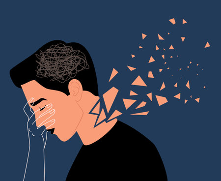 Upset adult man with confused thoughts holds the head with her hand. Concept of depression, anxiety, fatigue, borderline personality disorderのイラスト素材