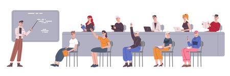 Students auditorium. Teenager participation in university lesson, college boring lecture hall or...