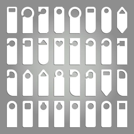 Door handle hanger set. Do not disturb room hotel sign icons collection. Different labels on hostel room door illustration. White empty hangers vector template isolatedのイラスト素材