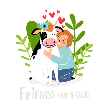 Little kind girl shows her love to animals and hugging a cow. Nature respect concept and vegan lifestyle. Happy calf with the flower wreath on headのイラスト素材