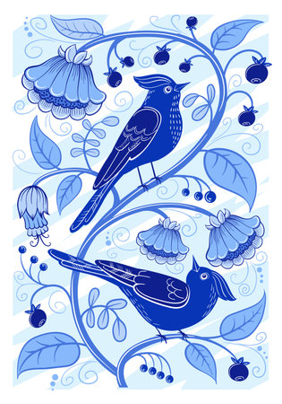 Folk birds painting. Ornament bird traditional russian folklore style or bohemian moravian european culture, flower motif slovak ornaments gouache pattern neat vector illustrationのイラスト素材