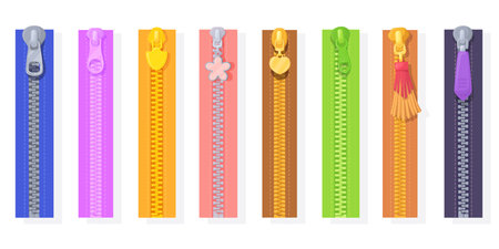 Colored zippers. Cartoon colorful zipper, silver metallic blue yellow red color fashion fastener, lock zip clothes fashionable metal puller clothing design neat vector illustrationのイラスト素材
