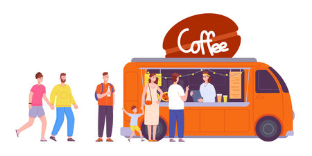 Cafe queue. People long line wait fast food coffee drinks at takeaway restaurant, crowd business customer waiting for buy burger snack fastfood counter splendid vector illustrationのイラスト素材