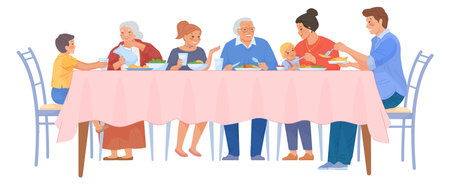 Family dinner. Cartoon happy people eating at tableのイラスト素材