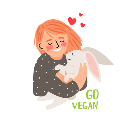 Cute kind girl hugs the white little rabbit. Go vegan. Vector illustration about friendship between people and animals. Nature respect concept and vegan lifestyleのイラスト素材