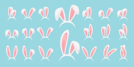 Easter bunny ears set isolated. White hare ears collection. Funny cartoon rabbit ears band for costume design vector illustrationのイラスト素材