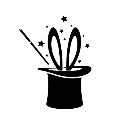 Magician hat with rabbit. Wizard conjure cylinder. Magic hat with bunny ears vector illustration. Circus show, abracadabra wandのイラスト素材