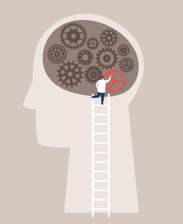 Person head inside which the psychologist highlights the solution to the problem with a lantern. Patient psychotherapy. Mind learning process conceptのイラスト素材