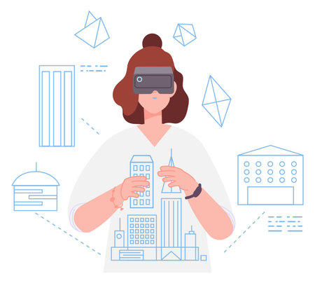 Woman constructing building in virtual reality. Future archtect in vr headsetのイラスト素材