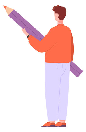 Man holding big pencil. Creative person workingのイラスト素材