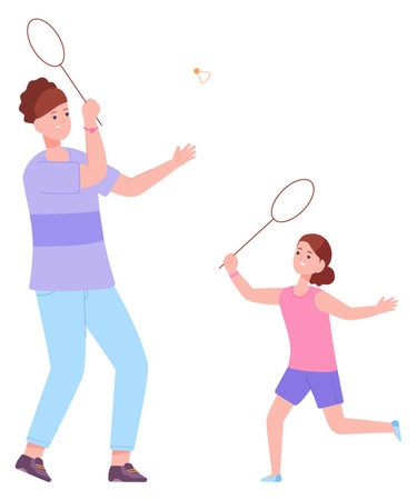 Girl playing in badminton with mother. Happy family togetherのイラスト素材