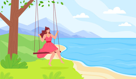 Woman on seesaw. Happy lady with long hair leaving city for enjoying swings in naturally park, slow life time carefree being free holidays love freedom concept vector illustrationのイラスト素材