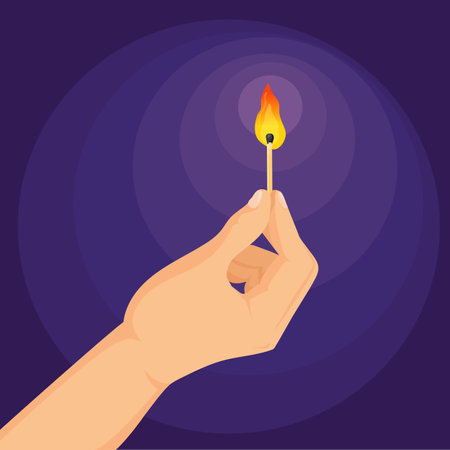 Hand holding match. Fingers hold glowing matchstick with burning flame in dark, fire wood stick for ignite light firework or heating, hands burn matches cartoon vector illustrationのイラスト素材