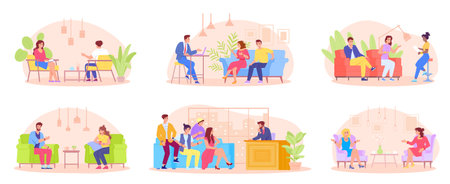 Celebrity interview. TV presenter interviewing famous guests sitting on chair or sofa event show studio, broadcast journalist interview man conversation, swanky vector illustrationのイラスト素材