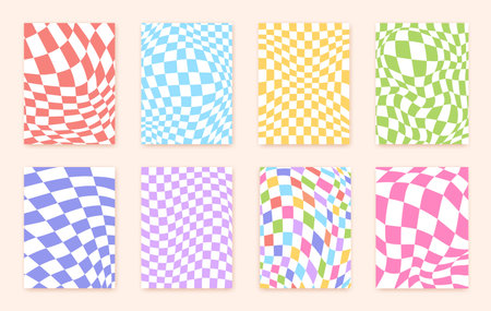 Distorted checkered posters. Patterns distortion grooved wavy squares, playfully fashion y2k, retro...