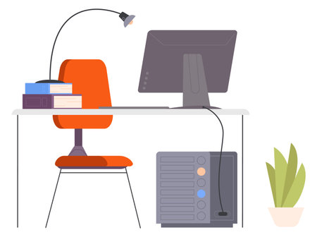 Workplace icon. Computer desk with books and lampのイラスト素材