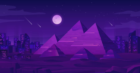 Neon egypt. Night purple light of pyramid giza plateau background, cairo city futuristic landscape, egyptian architecture africa sand futureのイラスト素材