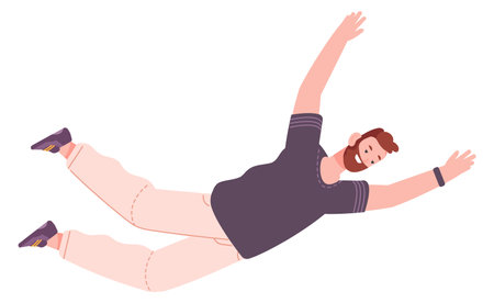 Smiling man falling. Guy in floating pose. Flying characterのイラスト素材