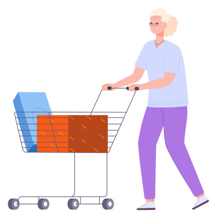 Old woman with supermarket trolley. Holiday gift shoppingのイラスト素材