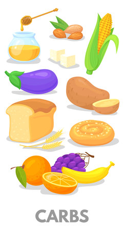 Carbs chart. Cartoon food macronutrients. Healthy nutritionのイラスト素材